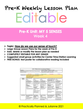 Preview of My 5 Senses Week 4 Pre-K Editable Lesson Plan
