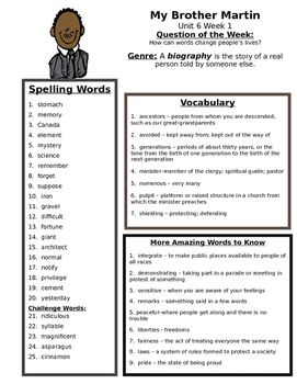 Preview of My Brother Martin  Reading Street 4th grade  Unit 6 Study guide spelling vocab