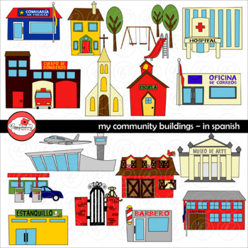 Preview of My Community Buildings Set 01 IN SPANISH Clipart by Poppydreamz