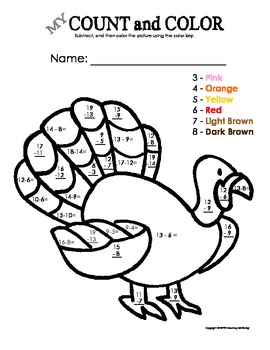 My Count and Color Turkey - Fall/Thanksgiving (Subtraction under 20)