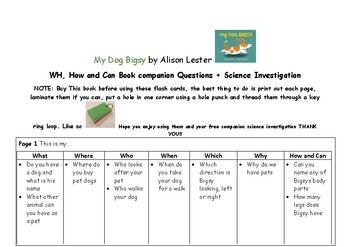 Preview of My Dog Bigsy book companion Wh, How and Can questions + Science investigation
