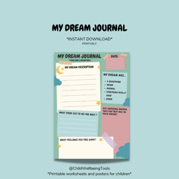 Preview of My Dream Journal Printable Worksheet Children Kids Insert Template Children Tool