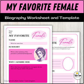 Preview of My Favorite Female Woman Biography Writing Worksheet and Canva Template PDF, ELA