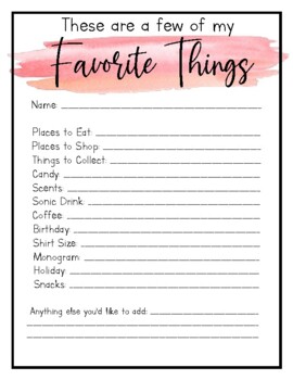 Favorite Things Questionnaire For Teachers