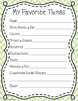 Preview of My Favorite Things Teacher Gifts Questionnaire / Template