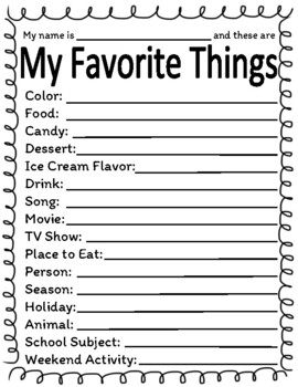 My favorites things worksheet