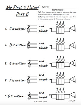 Preview of My First 5 Notes! Two Assessments & Fingering Charts for Band (English/Spanish)