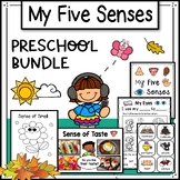 Preview of My Five Senses Kids Activities BUNDLE - Worksheets Posters Flashcards Coloring