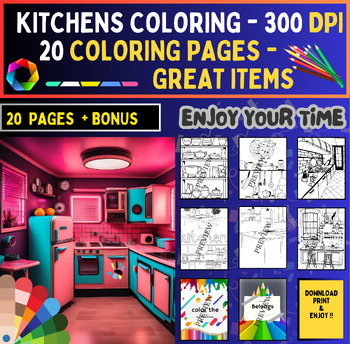 Preview of My Kitchens Coloring Pages - 20 pages chalenges - 300 DPI - A4 + BONUS