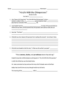 My Life With the Chimpanzees Study Guide myPerspectives 6th grade by