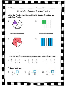 Preview of My Math - 4th Grade - Chapter 8 - Fractions Worksheets