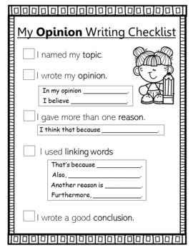 grade 2 my opinion writing checklist