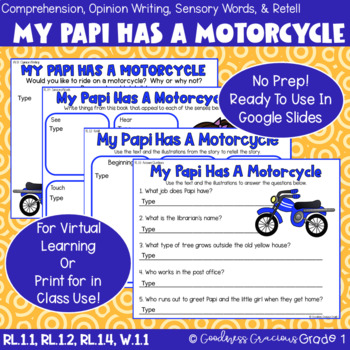 Preview of My Papi Has A Motorcycle Retell, Comp, Opinion Writing, & Sensory Words