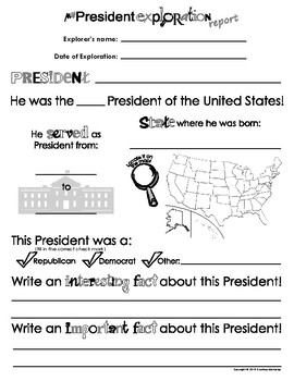 Preview of My President Exploration Report - President graphic organizer for kids (wksheet)