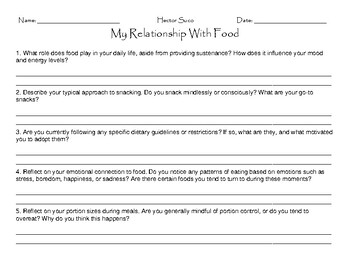 Preview of My Relationship With Food Worksheet, The Path To Wellness