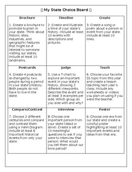 Preview of My State Choice Board Activities & Worksheets