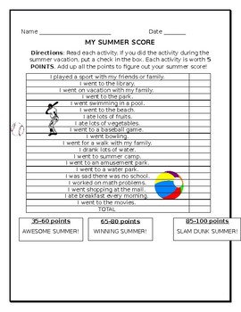 Preview of My Summer Score Health Worksheet