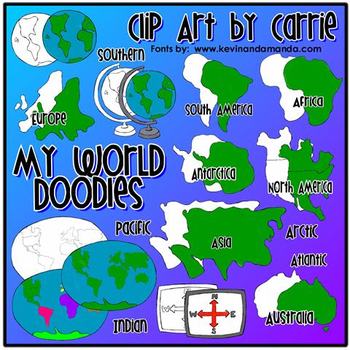 Preview of My World Doodles clip art COMBO pack (BW and colored PNG)