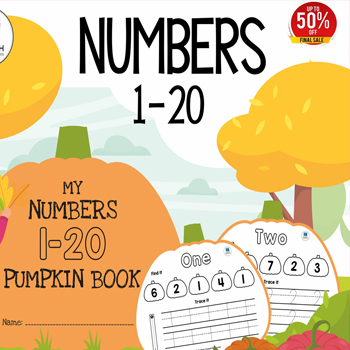 Preview of My numbers pumpkin book, Activity book for kids, Tracing and colouring book