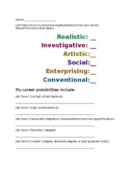 Preview of My Next Move O*NET RIASEC Interest Profiler Career Inventory worksheet