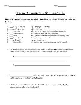MyWorld Chapter 2 Lesson 2: A New Nation Quiz 4th Grade by Stephanie Hogue