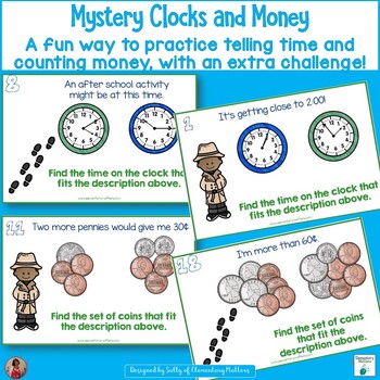Preview of Mystery Clocks and Money - Math Practice with an Extra FUN Challenge!