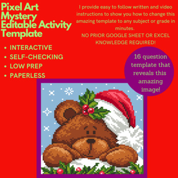 Preview of Mystery Digital EDITABLE LOW PREP -  Christmas Bear PIXEL ART Reveal Template