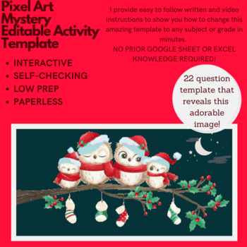 Preview of Mystery Digital EDITABLE LOW PREP - Festive Owls PIXEL ART Reveal Template