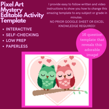 Preview of Mystery Digital EDITABLE LOW PREP -  Valentine Owls PIXEL ART Reveal Template