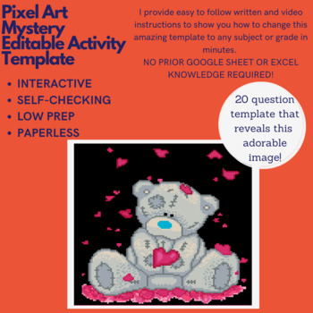 Preview of Mystery Digital EDITABLE LOW PREP -  Valentine Teddy PIXEL ART Reveal Template