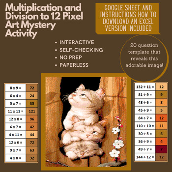 Preview of Mystery Digital Pixel Art NO PREP - 3 Kittens Multiplication and Division to 12