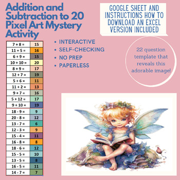 Preview of Mystery Digital Pixel Art NO PREP - Book Fairy Addition and Subtraction to 20