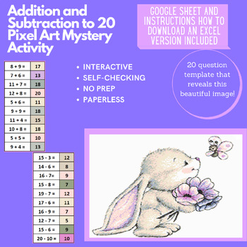 Preview of Mystery Digital Pixel Art NO PREP - Bunny Addition and Subtraction to 20