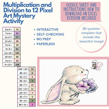 Preview of Mystery Digital Pixel Art NO PREP - Bunny Multiplication/Division to 12