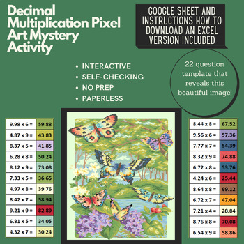 Preview of Mystery Digital Pixel Art NO PREP - Butterflies Decimal Multiplication