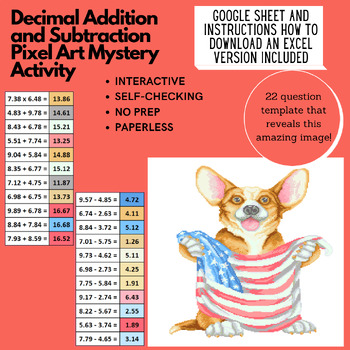 Preview of Mystery Digital Pixel Art NO PREP - Corgi Decimal Addition and Subtraction