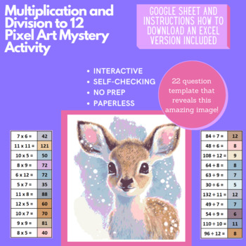 Preview of Mystery Digital Pixel Art NO PREP - Deer Multiplication and Division to 12