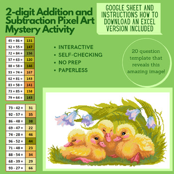 Preview of Mystery Digital Pixel Art NO PREP - Ducklings 2-digit Addition and Subtraction
