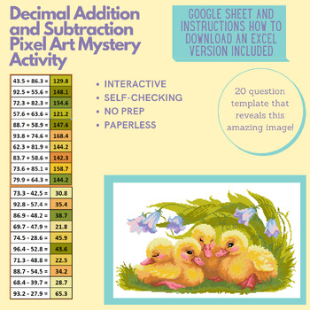 Preview of Mystery Digital Pixel Art NO PREP - Ducklings Decimal Addition and Subtraction