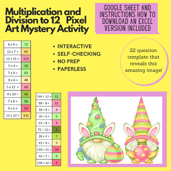 Preview of Mystery Digital Pixel Art NO PREP Easter Gnomes Multiplication/Division to 12