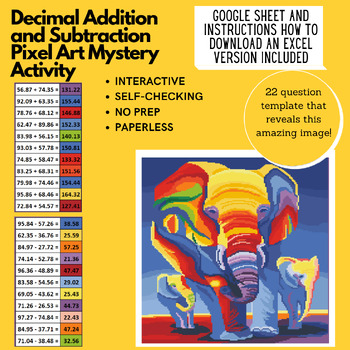 Preview of Mystery Digital Pixel Art NO PREP - Elephants Decimal Addition and Subtraction
