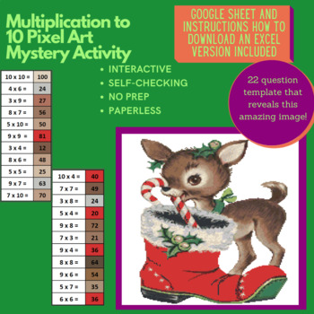 Preview of Mystery Digital Pixel Art NO PREP - Festive Deer Multiplication to 10