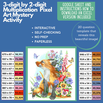 Preview of Mystery Digital Pixel Art NO PREP - Fox 3-digit by 2-digit Multiplication