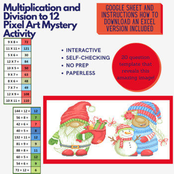Preview of Mystery Digital Pixel Art NO PREP - Gnomes Multiplication and Division to 12