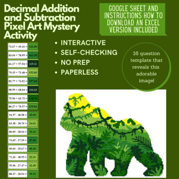 Preview of Mystery Digital Pixel Art NO PREP -  Gorilla Decimal Addition and Subtraction