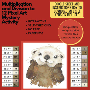 Preview of Mystery Digital Pixel Art NO PREP - Sea Otter Multiplication and Division to 12