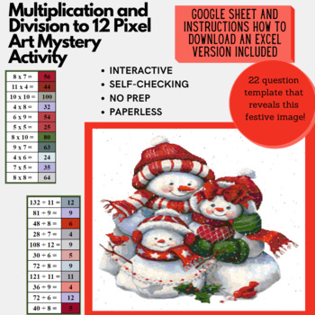 Preview of Mystery Digital Pixel Art NO PREP -Snow Family Multiplication and Division to 12