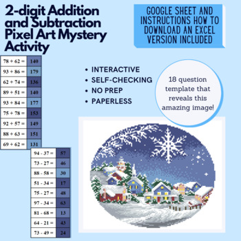 Preview of Mystery Digital Pixel Art NO PREP - Snow Scene 2-digit Addition and Subtraction