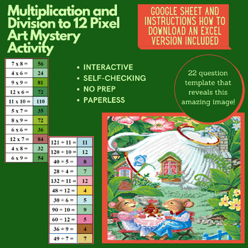 Preview of Mystery Digital Pixel Art NO PREP - Tea Party Multiplication  and Division to 12