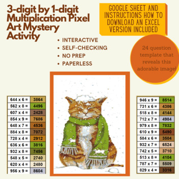 Preview of Mystery Digital Pixel Art NO PREP -Winter Cat  3-digit by 1-digit Multiplication